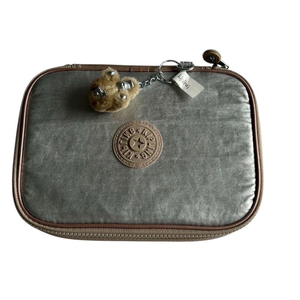 Kipling Metallic Gray Zippered Pouch with Cream Accents